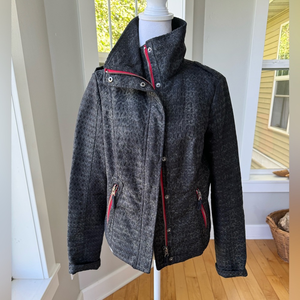 Free People Black Red Tweed Funnelneck Cropped Jacket Size 4